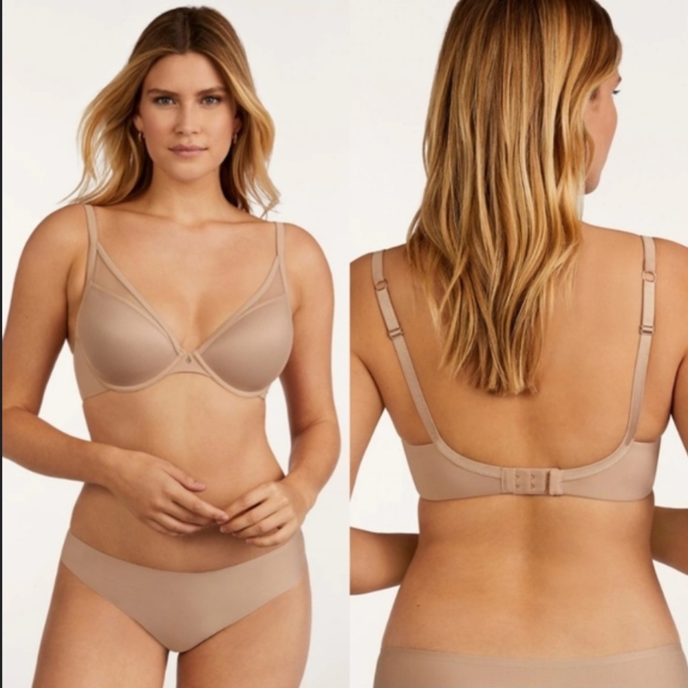 THIRDLOVE 24/7 Classic Contour Nude Plunge Bra Padded Mesh Overlay 44B